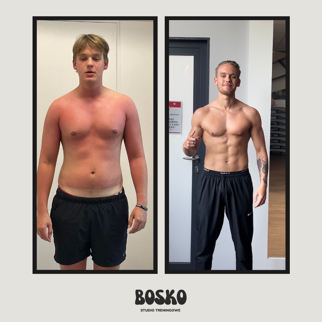 Mężczyzna przed i po metamorfozie sylwetki, widoczne zmiany w muskulaturze brzucha i ramion, studio treningowe Bosko.