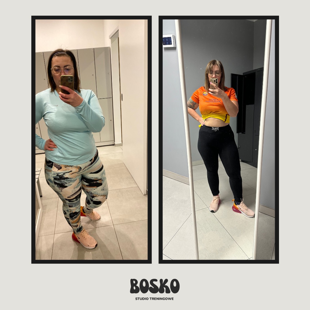 Kobieta robiąca zdjęcie w lustrze w sportowym stroju, prezentująca efekt przed i po treningu, widoczne szafki w tle.