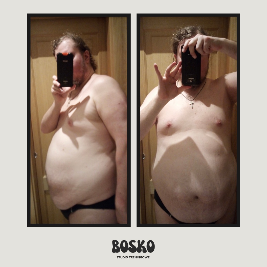 Mężczyzna robi zdjęcie telefonem prezentujące metamorfozę sylwetki: zdjęcie przed i po, widoczna utrata wagi i zmiana kształtu ciała.