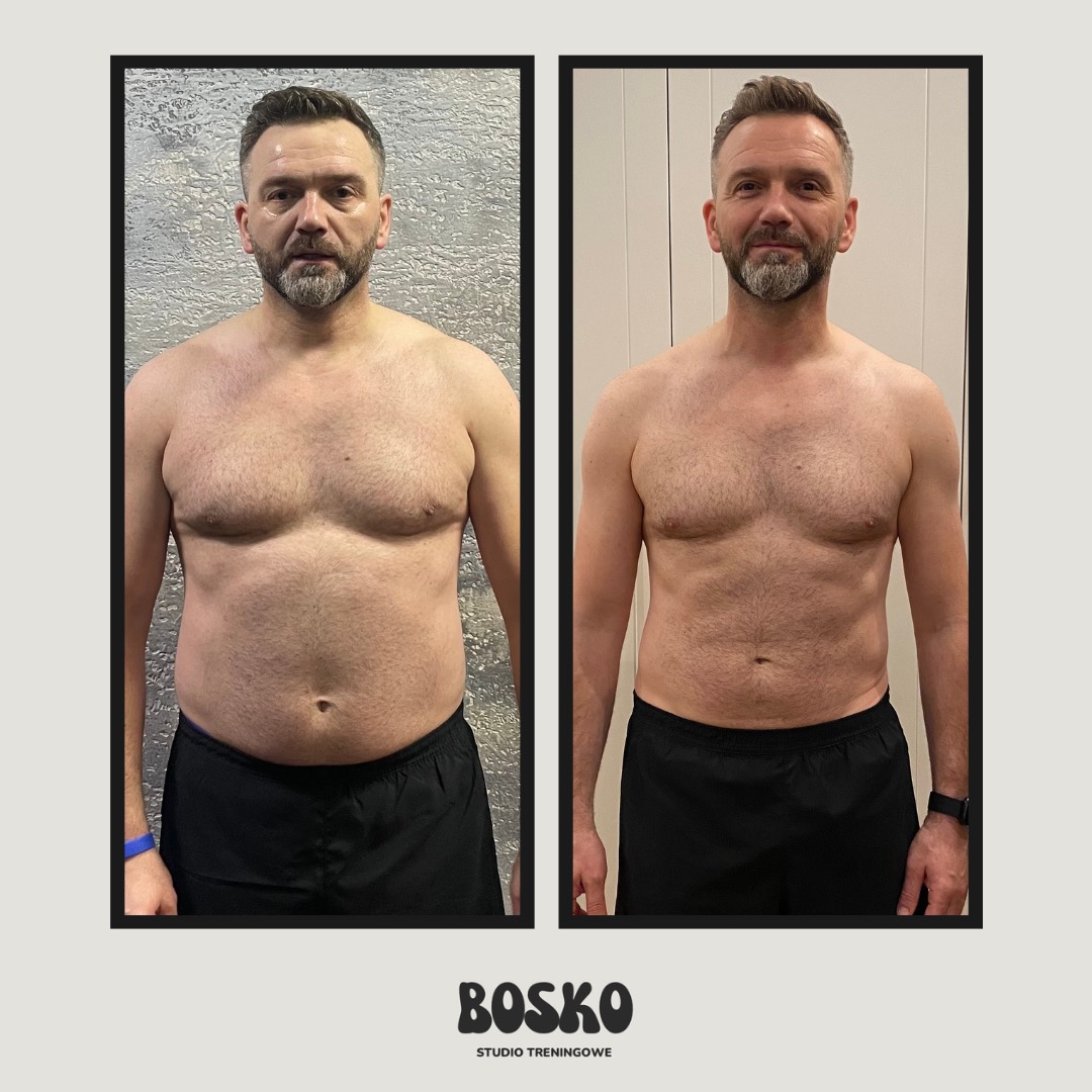 Mężczyzna przed i po transformacji sylwetki, widoczna utrata wagi i poprawa definicji mięśni, ujęcie w czarnych szortach na neutralnym tle.