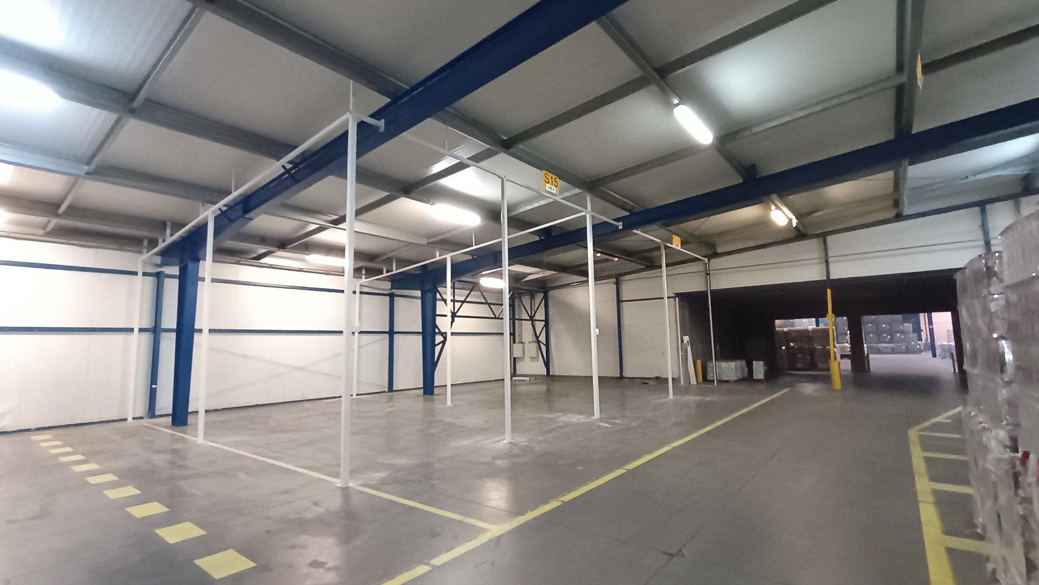 Wnętrze hali produkcyjnej z widoczną konstrukcją stalową pomalowaną na biało, z niebieskimi elementami nośnymi, pod sufitem widoczne lampy i oznaczenia S15, podłoga betonowa z żółtymi pasami.