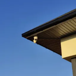 Dwie kamery monitoringu kopułkowe zamontowane pod okapem budynku z brązową podbitką, na tle błękitnego nieba.