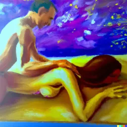 Abstrakcyjny obraz olejny przedstawiający mężczyznę wykonującego masaż pleców kobiecie na tle rozgwieżdżonego nieba.