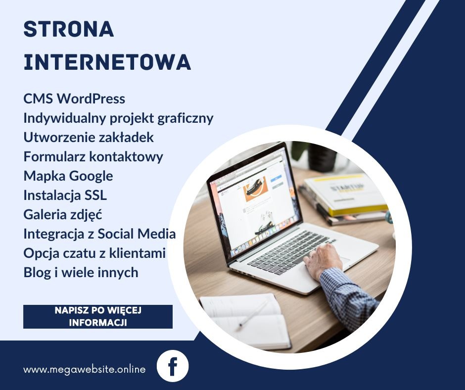 Grafika reklamowa strony internetowej z listą funkcji (CMS WordPress, formularz kontaktowy, integracja z Social Media) i laptopem wyświetlającym stronę internetową z butami.