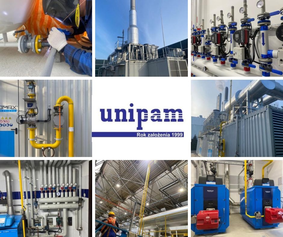Kompilacja zdjęć instalacji przemysłowych: spawanie rury gazowej, kotłownia przemysłowa z kominem, instalacja rur z zaworami, układ rur z żółtymi rurami gazowymi, logo firmy Unipam, instalacja...