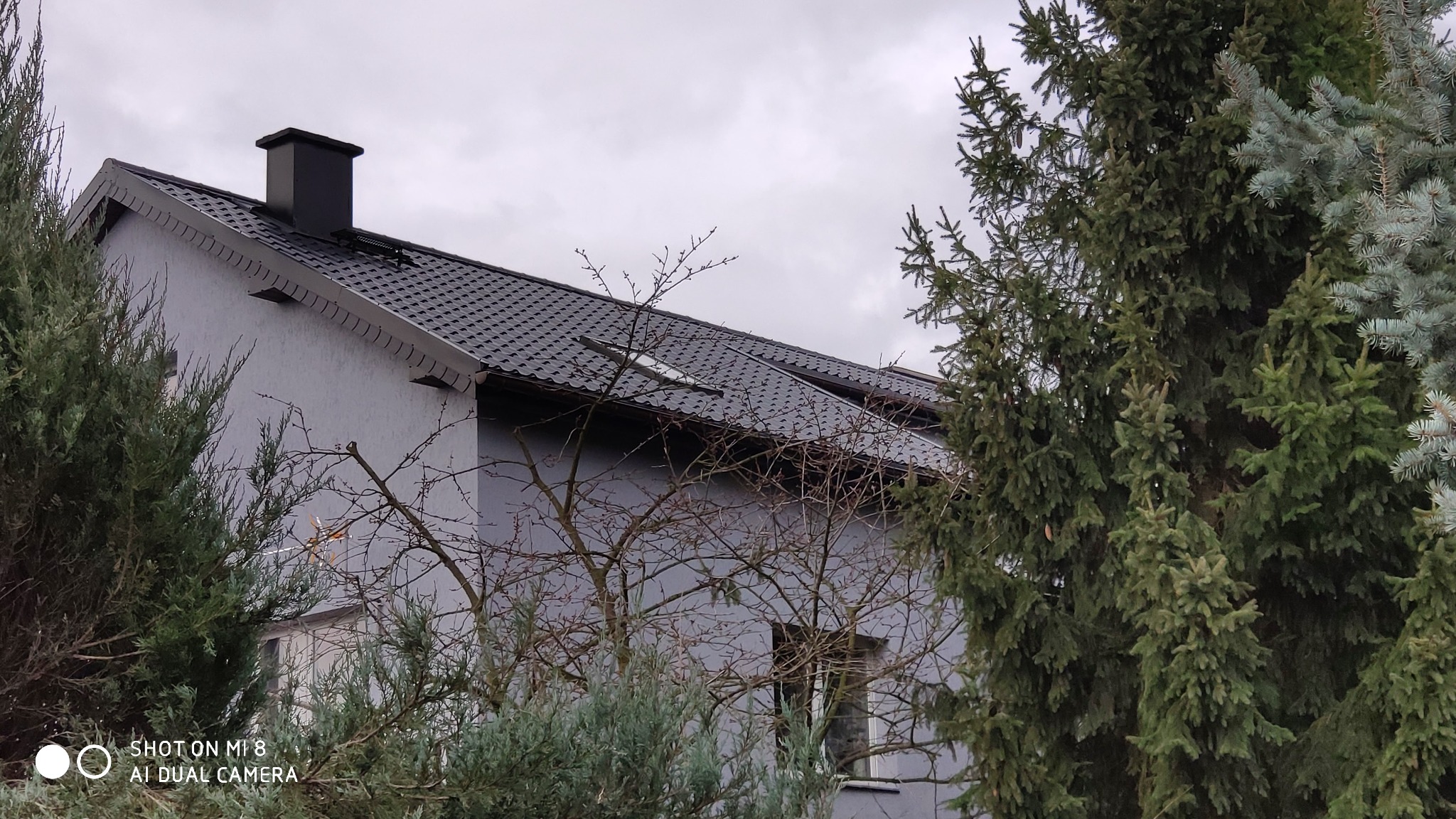 Szary dom jednorodzinny z ciemnym dachem z blachodachówki, widoczne okna dachowe, komin i obróbki blacharskie, na pierwszym planie iglaki i drzewa bezlistne.