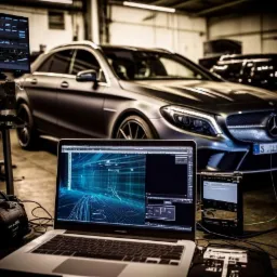 Diagnostyka komputerowa samochodu: Laptop z wizualizacją danych diagnostycznych na tle srebrnego SUV-a w warsztacie.