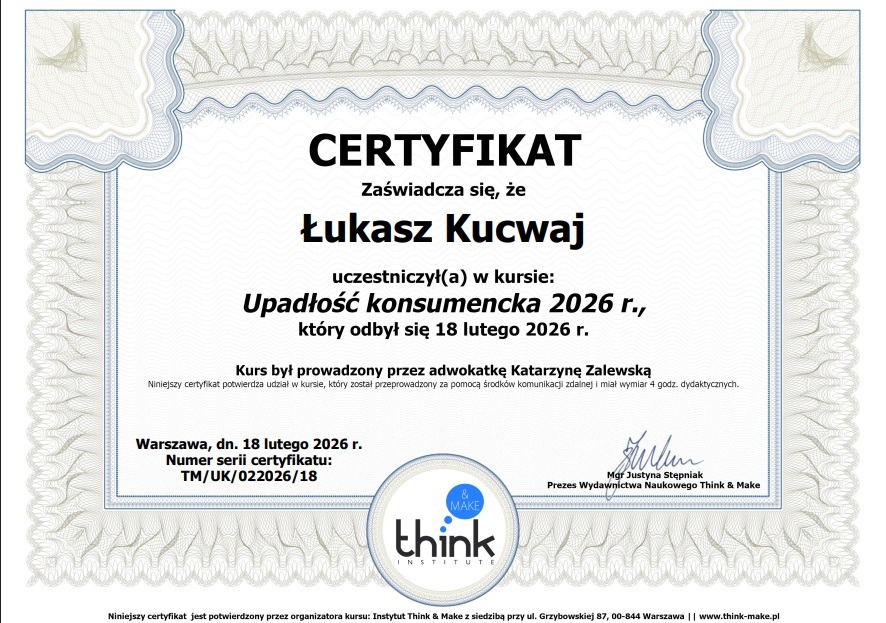Certyfikat ukończenia kursu 'Upadłość konsumencka 2026 r.' przez Łukasza Kucwaja, prowadzony przez adwokatkę Katarzynę Zalewską, wydany w Warszawie.