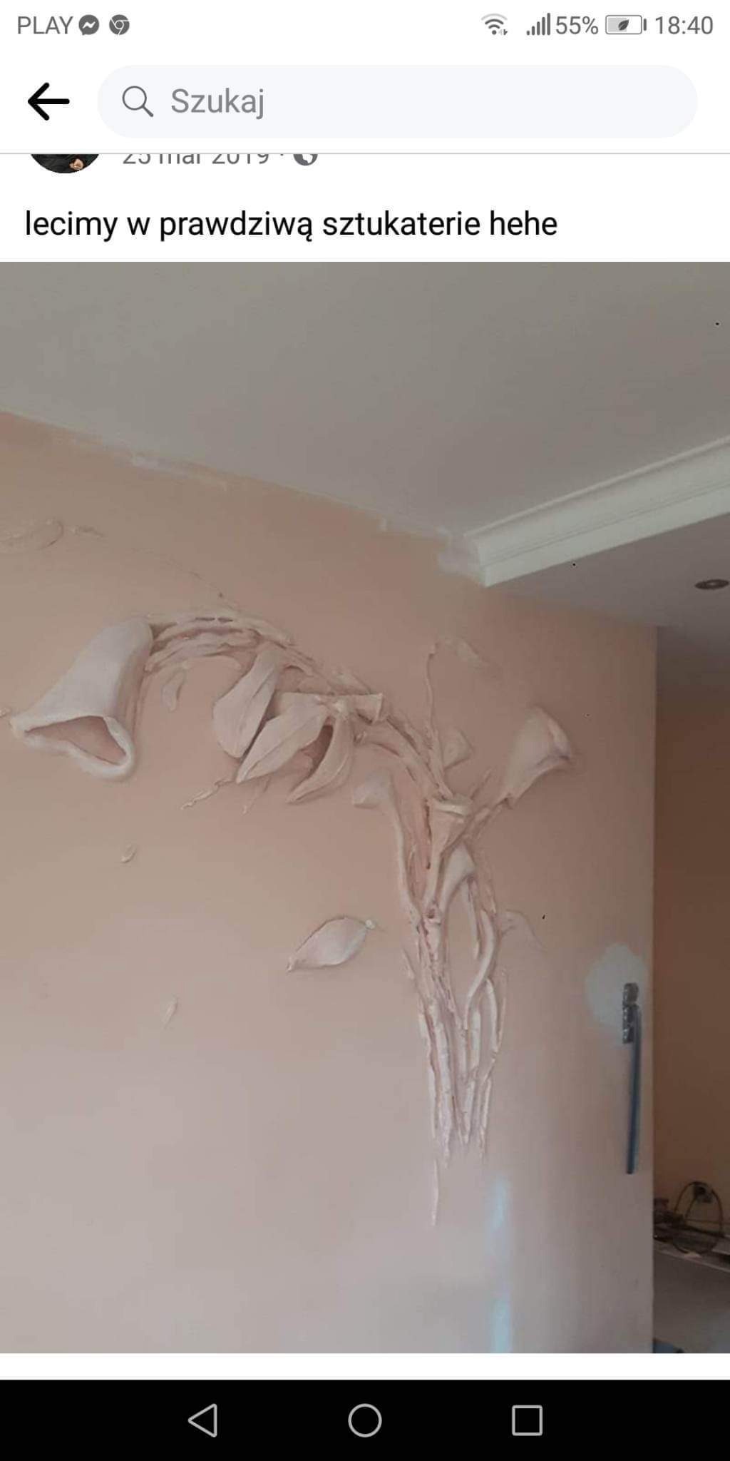 Niedokończona dekoracja ścienna z gładzi gipsowej w kształcie kwiatów lilii, widoczne ślady szpachlowania, blade kolory, fragment listwy sufitowej.