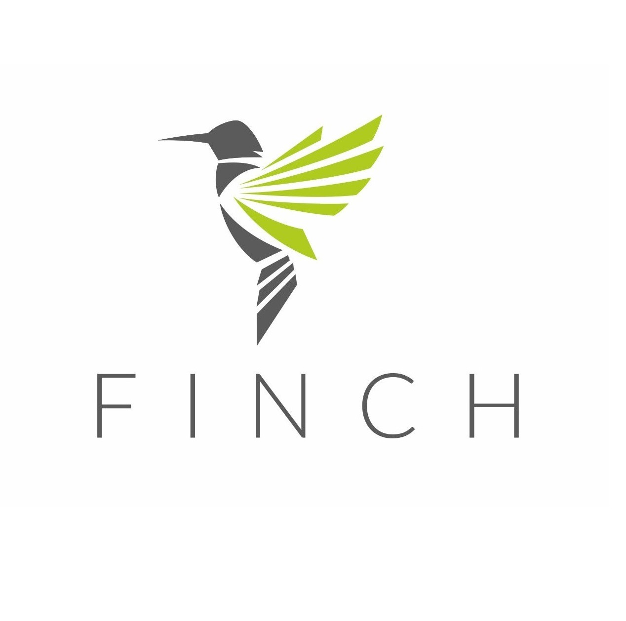 Logo firmy Finch przedstawiające stylizowanego kolibra z zielonymi akcentami na skrzydłach, poniżej nazwa firmy zapisaną prostą czcionką.