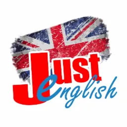 Logo 'Just English' z flagą Wielkiej Brytanii w tle, stylizowane na grunge.