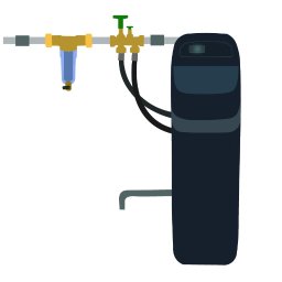 Przykładowy schemat instalacji zmiękczacza wody. Obowiązkowe jest:
- zamontowanie filtra wstępnego przed zmiękczaczem,
- zapewnienie odpływu do kanalizacji
- zapewnienie dostępu do sieci elektrycznej.