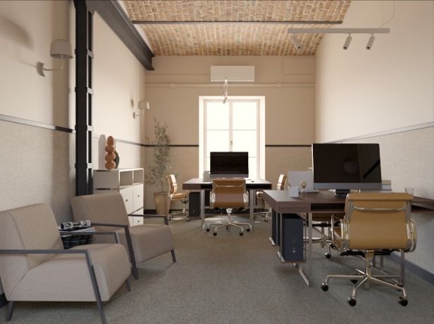 Nowoczesne biuro z dwoma stanowiskami pracy, brązowymi fotelami obrotowymi, komputerami stacjonarnymi, minimalistycznymi fotelami wypoczynkowymi i ceglanym sufitem.