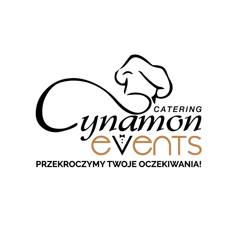 Eleganckie logo firmy Cynanmon Events z motywem czapki kucharskiej i napisem 'Przekroczymy Twoje Oczekiwania!'