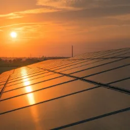 Panel fotowoltaiczny odbijający zachodzące słońce, w tle zabudowania wiejskie.