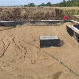 Wykop pod fundamenty z izolacją przeciwwilgociową, podsypką piaskową z widocznymi śladami po ubijaniu i elementami szalunku. W tle hałda ziemi i pole uprawne.