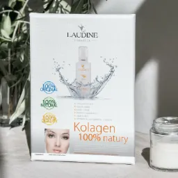 Prezentacja produktu kosmetycznego Laudine: plakat reklamowy z butelką serum i hasłem 'Kolagen 100% natury' obok słoiczka z kremem, na tle delikatnych gałązek.