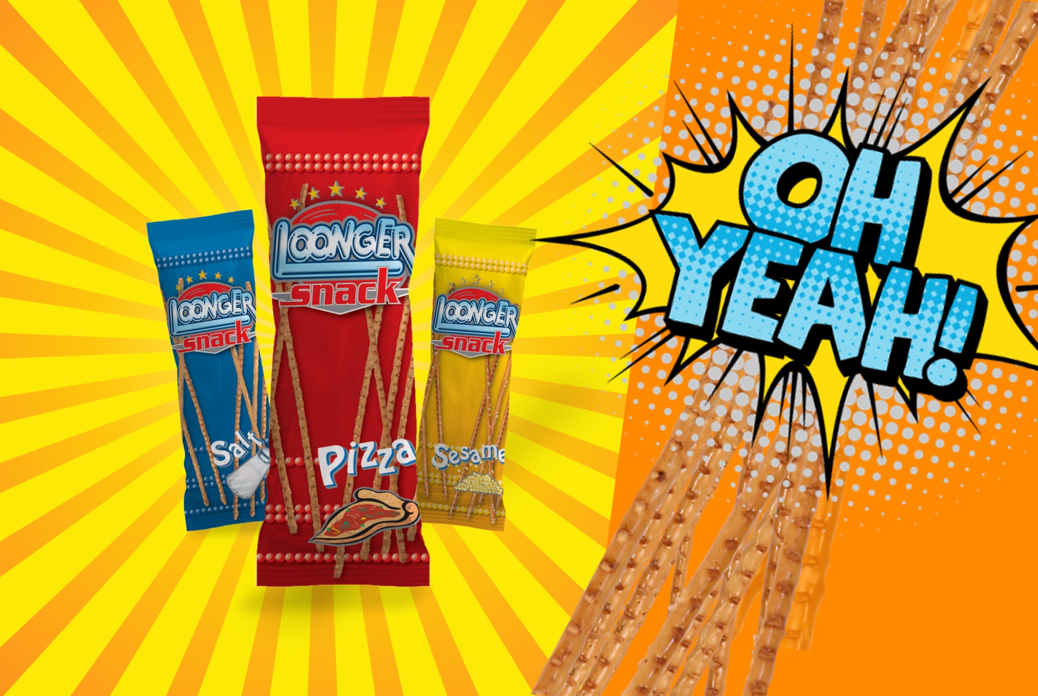Trzy opakowania paluszków 'Loonger Snack' o różnych smakach (sól, pizza, sezam) na tle żółto-pomarańczowego komiksowego tła z napisem 'OH YEAH!'