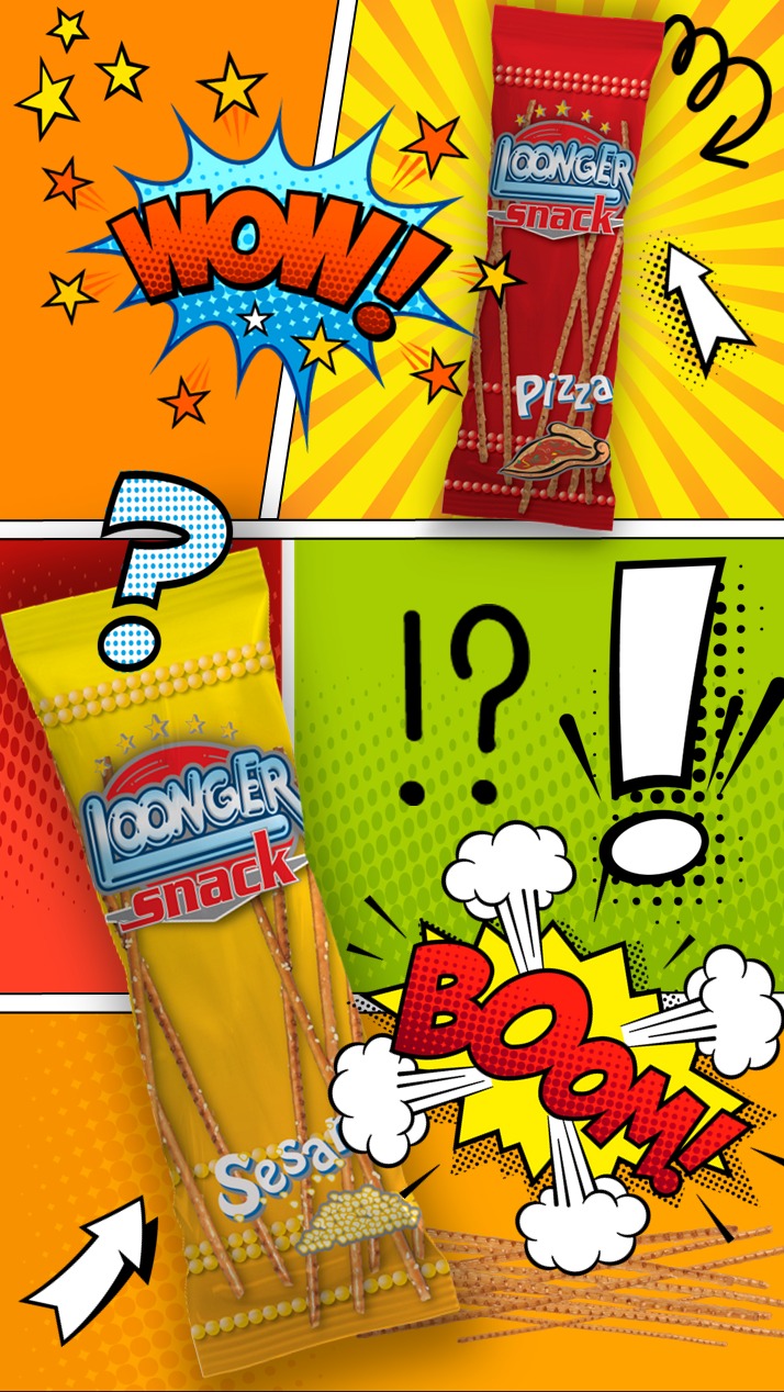 Komiksowe przedstawienie przekąsek w opakowaniach o smaku pizza i sezam, z efektami dźwiękowymi WOW i BOOM.