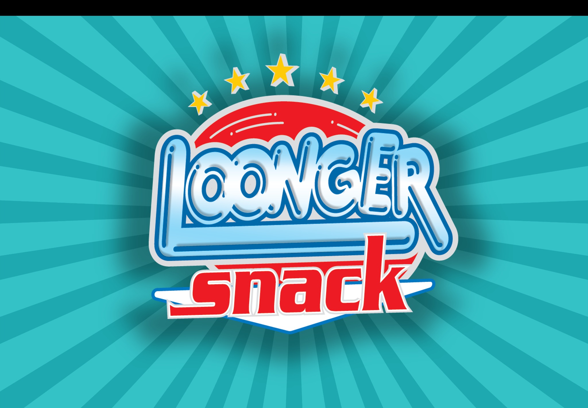 Ilustracja graficzna z napisem 'LOONGER snack' na tle turkusowych promieni i złotych gwiazd.