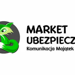 Logo firmy 'Market Ubezpieczeń' przedstawiające zielonego lisa na szarym tle, obok nazwa firmy i hasło 'Komunikacja Majątek Życie'.