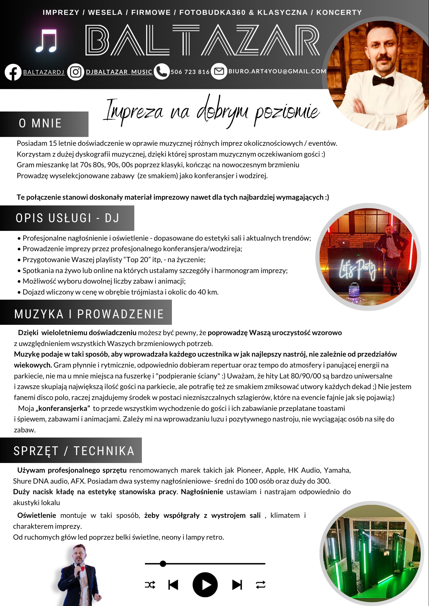 Plakat reklamowy DJ-a Baltazara z informacjami kontaktowymi, ofertą i zdjęciem w stroju galowym oraz przykładem oświetlenia scenicznego.
