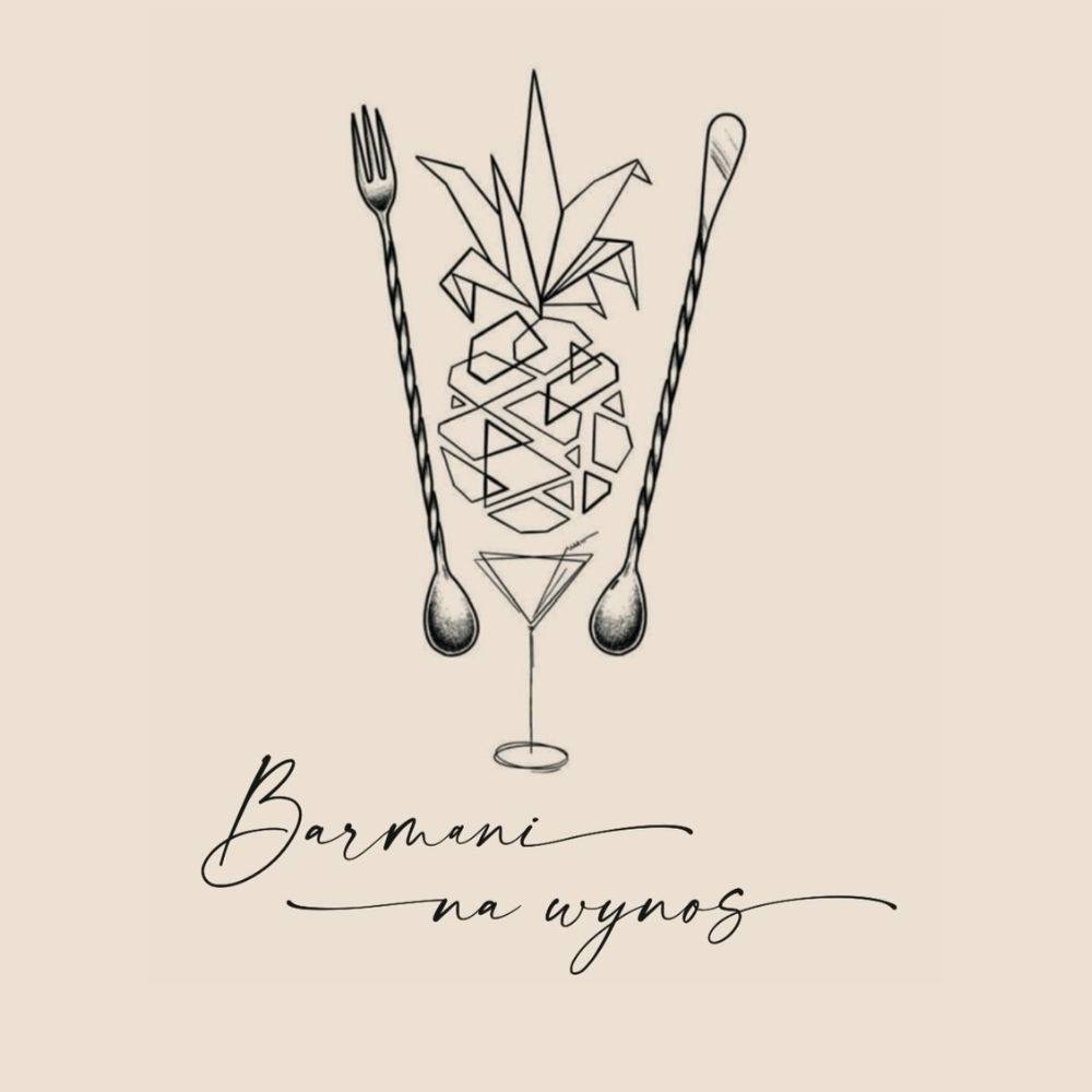 Grafika liniowa przedstawiająca ananasa zbudowanego z geometrycznych kształtów, otoczonego barmańską łyżką i widelcem, z napisem 'Barmani na wynos' poniżej.