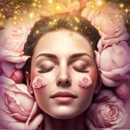 Kobieta z zamkniętymi oczami, otoczona różami i drobnymi światełkami, z różą na policzku, w tle fioletowa przestrzeń kosmiczna, obok logo salonu masażu i napis 8 Marca Dzień Kobiet.