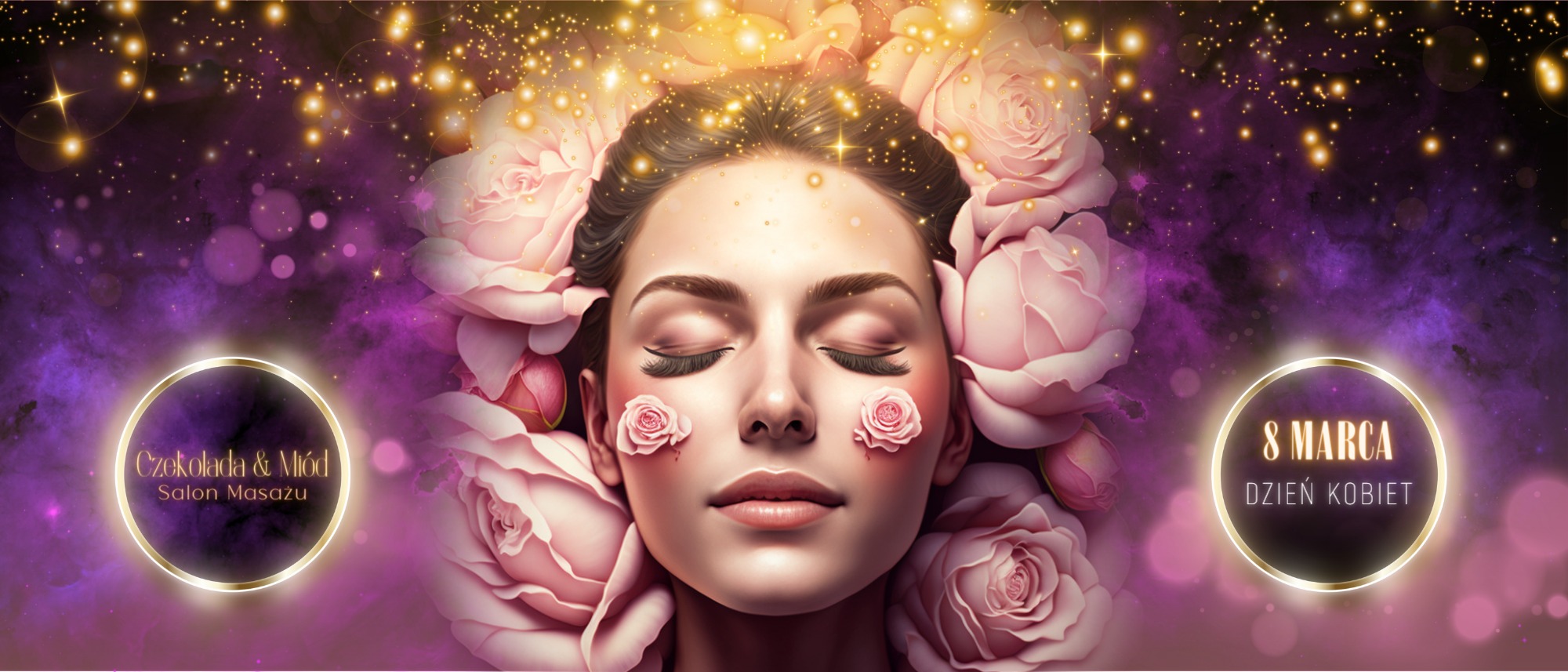 Kobieta z zamkniętymi oczami, otoczona różami i drobnymi światełkami, z różą na policzku, w tle fioletowa przestrzeń kosmiczna, obok logo salonu masażu i napis 8 Marca Dzień Kobiet.