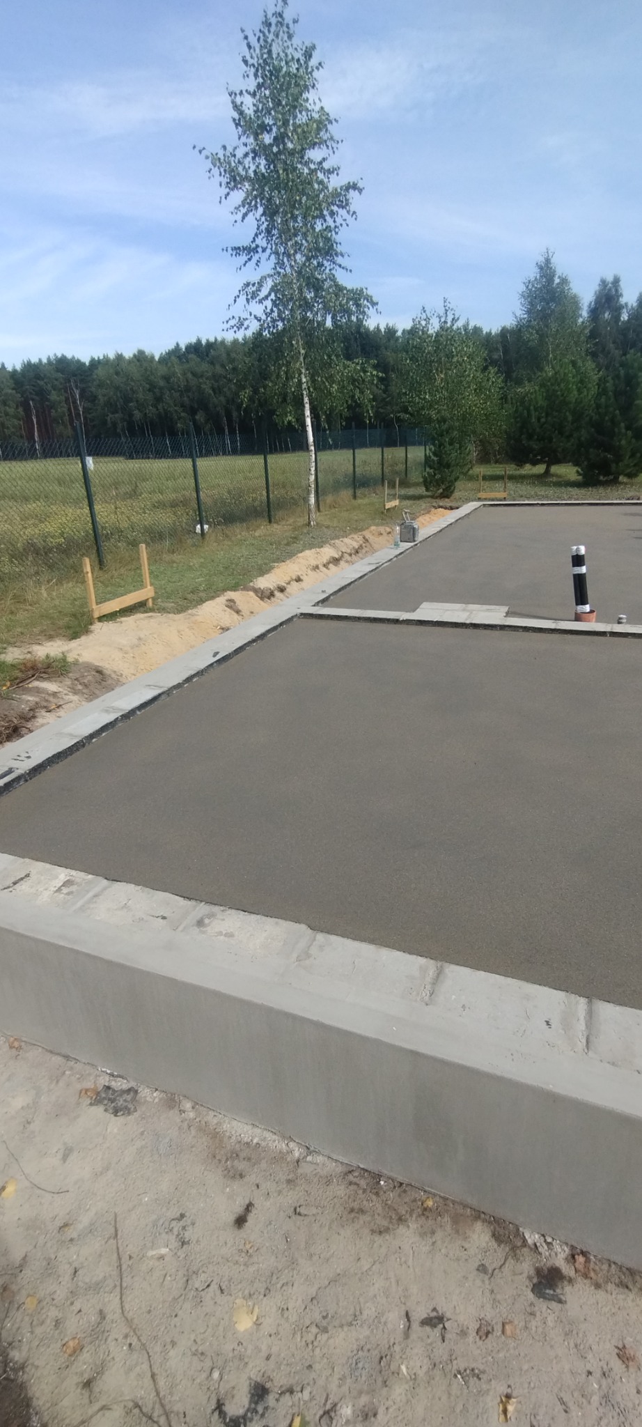 Świeżo wylana, betonowa płyta fundamentowa z widocznymi szalunkami, czarną rurą kanalizacyjną i siatką ogrodzeniową w tle, na działce z drzewami.