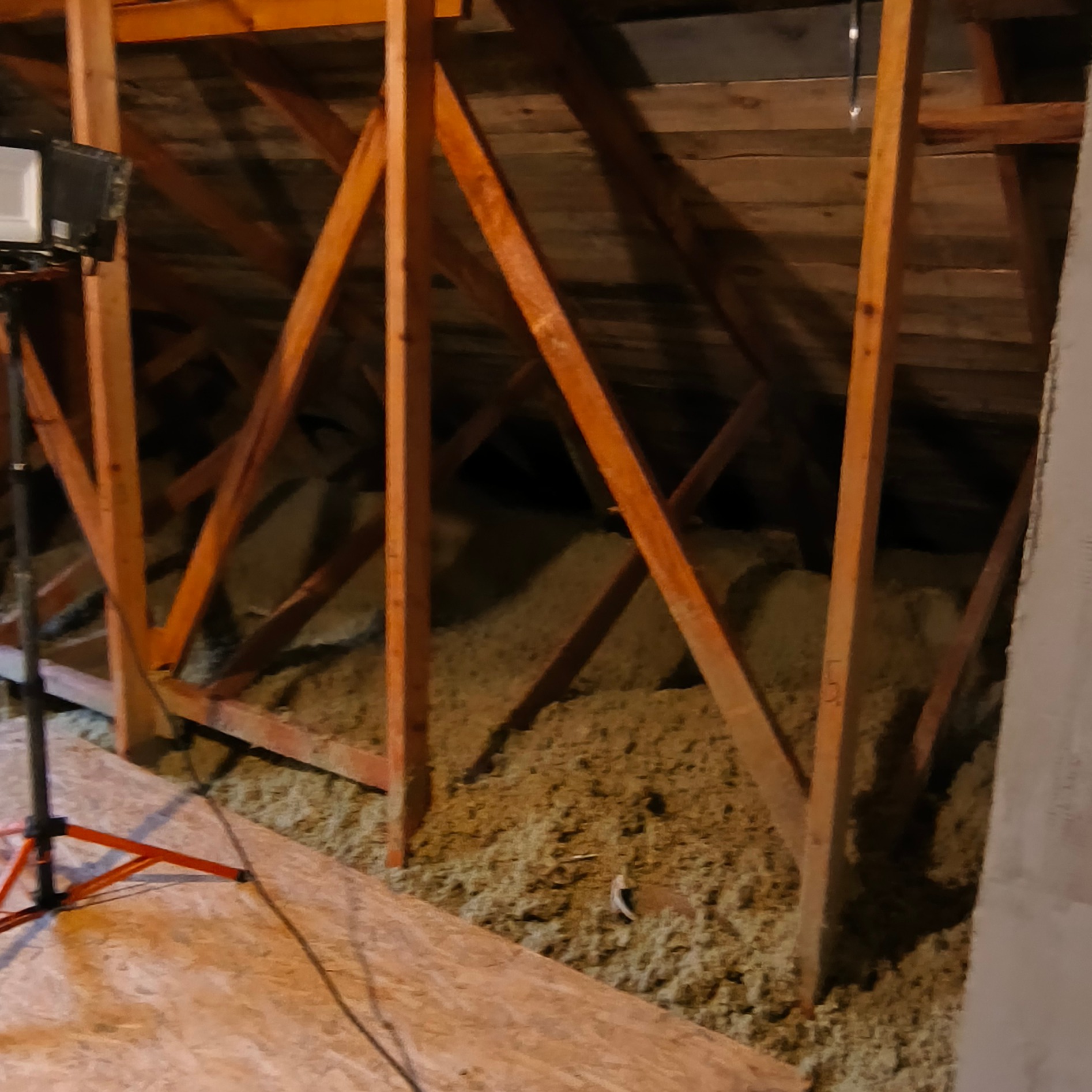 Ocieplone poddasze z drewnianą konstrukcją więźby dachowej, widoczne włókna izolacyjne i oświetlenie halogenowe na statywie. Prace wykończeniowe.