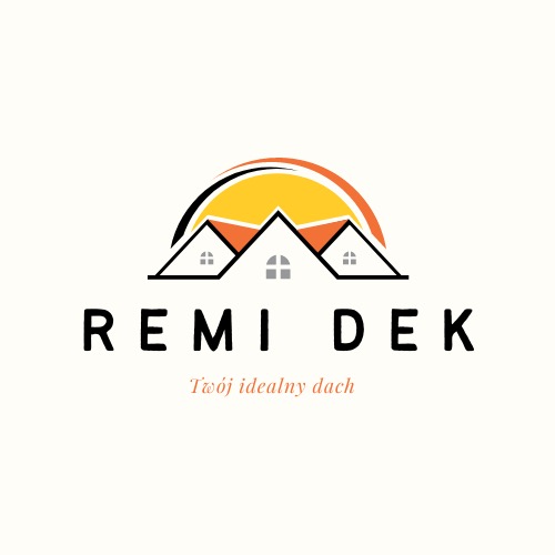 Logo firmy dekarskiej Remi Dek z grafiką przedstawiającą trzy dachy pod stylizowanym słońcem i hasłem 'Twój idealny dach'.