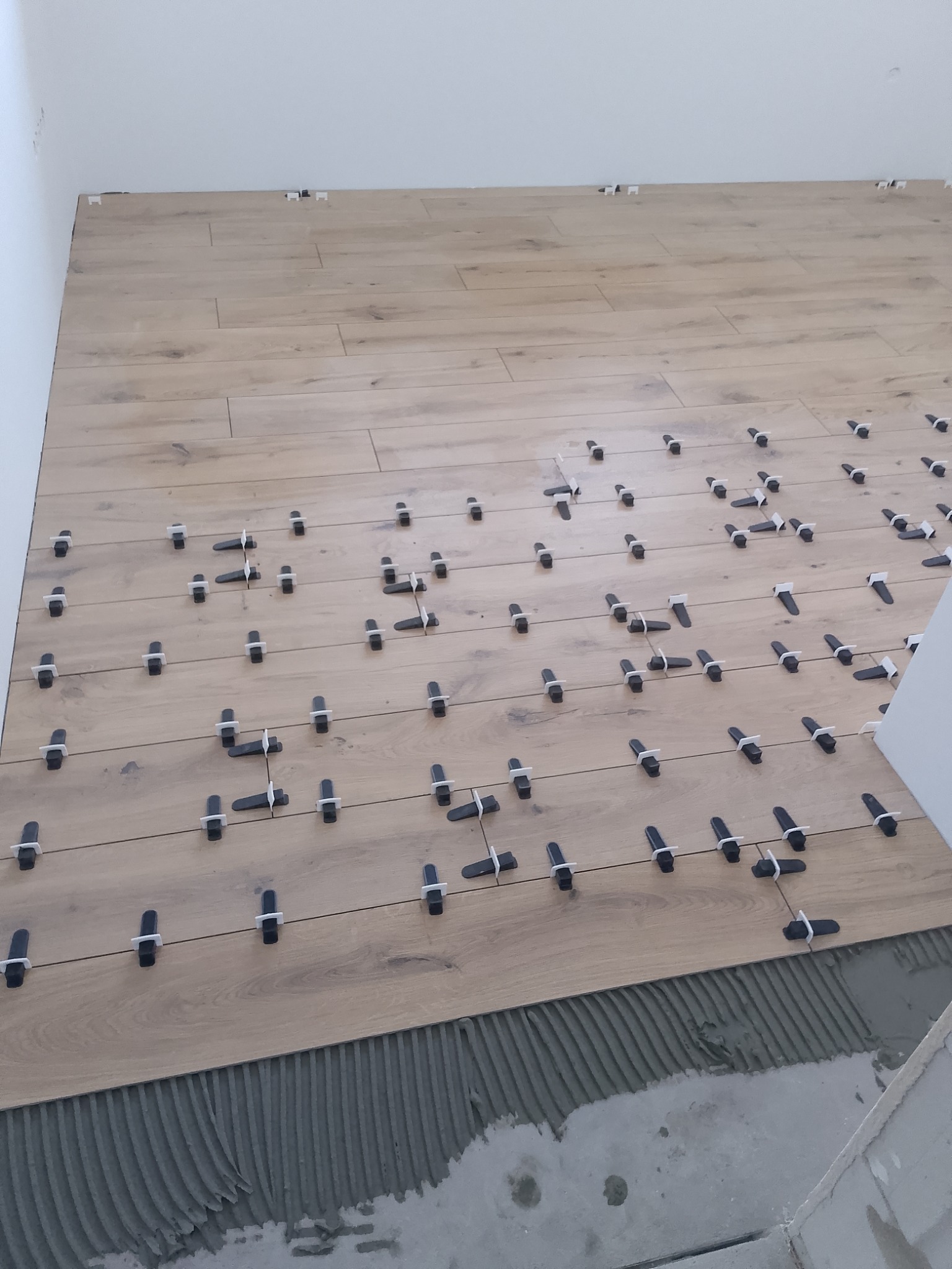 Układanie podłogi z płytek imitujących drewno z użyciem klipsów poziomujących. Widoczna warstwa kleju. Jasne, naturalne kolory płytek.