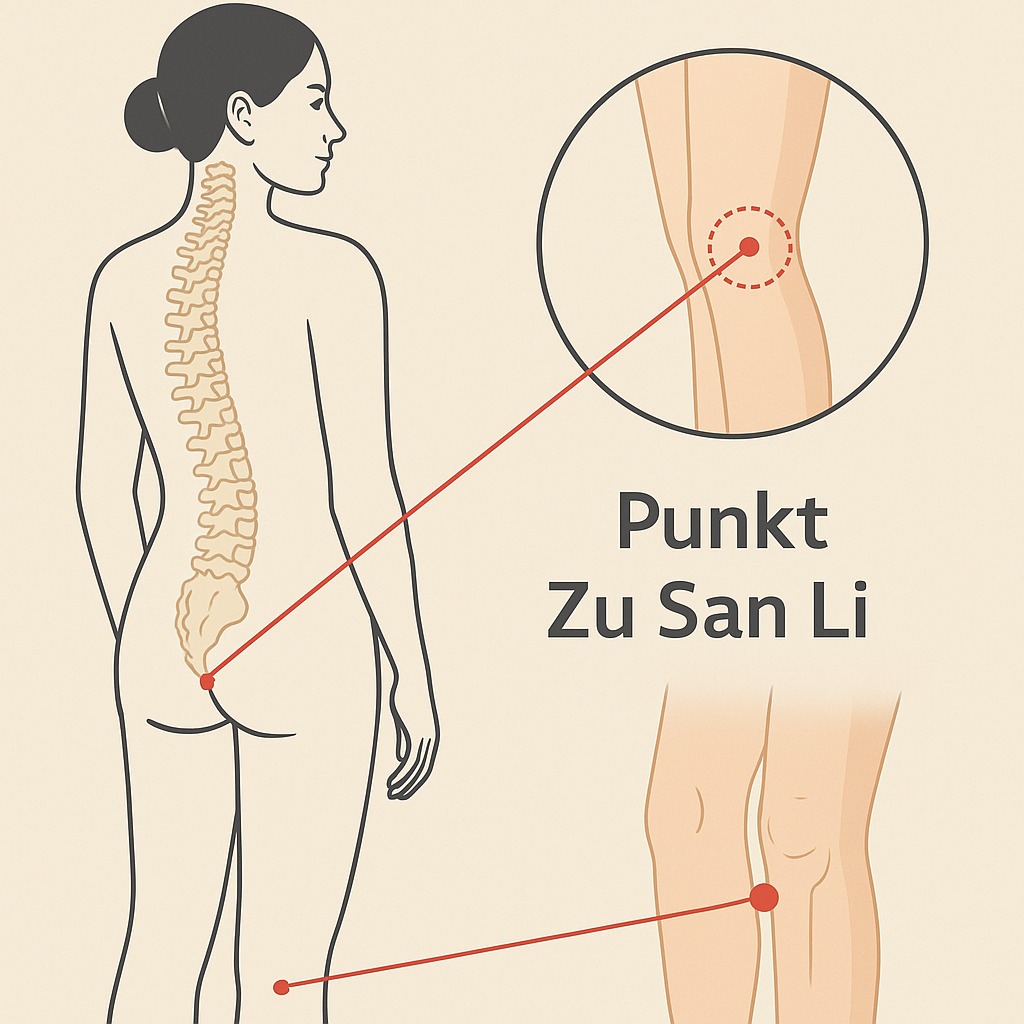 Ilustracja punktu akupunkturowego Zu San Li na ciele kobiety, z zaznaczonym kręgosłupem i powiększeniem kolana. Grafika w neutralnej kolorystyce.