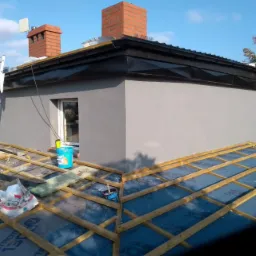 Szara elewacja budynku z czarnymi obróbkami blacharskimi dachu, widok z góry na konstrukcję dachu z łatami, drabina oparta o ścianę, wiadro z farbą i narzędzia na dachu.