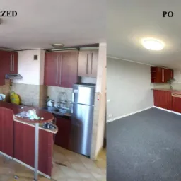 Porównanie kuchni przed i po: ściana pomalowana na burgundowo, podłoga zniszczona vs. szara ściana, nowa szara wykładzina. Widoczne te same meble kuchenne i sprzęt AGD.