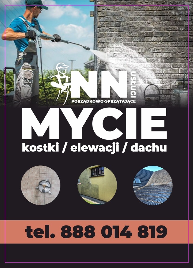 Mężczyzna w kombinezonie czyści ścianę z cegły myjką ciśnieniową. Reklama firmy oferującej mycie kostki, elewacji i dachu. Widoczny numer telefonu.