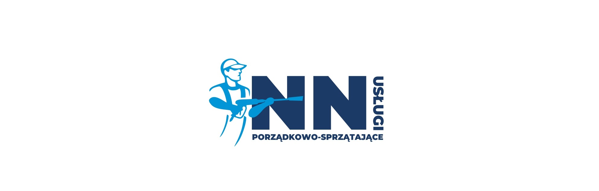 Logo firmy NN Usługi Porządkowo-Sprzątające z ilustracją osoby myjącej pod ciśnieniem, w odcieniach błękitu na białym tle.
