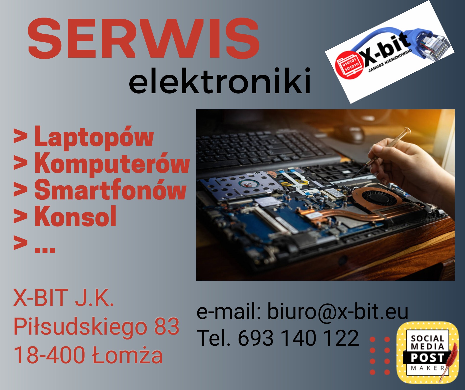 Otwarty laptop z widoczną płytą główną, naprawiany precyzyjnym śrubokrętem, w tle klawiatura. Grafika reklamowa firmy X-Bit J.K. z Łomży, oferującej serwis elektroniki, w tym laptopów, komputerów...