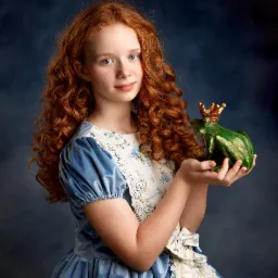 Młoda dziewczyna z rudymi kręconymi włosami, ubrana w niebieską sukienkę w stylu vintage, trzyma w dłoniach zieloną figurkę żaby z koroną na głowie, na ciemnym tle.