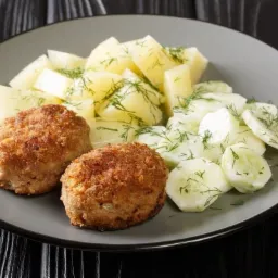 Dwa kotlety mielone z ziemniakami posypanymi koperkiem i sałatką z ogórków na szarym talerzu, na ciemnym drewnianym stole.