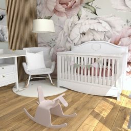 Pani.architekt.wnetrz - Wizualizacja pokoju dziecięcego z białym łóżeczkiem, krzesłem bujanym, komodą i tapetą w kwiaty. Na podłodze drewniana zabawka - konik na biegunach.