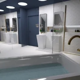 Nowoczesna łazienka z białą wanną wypełnioną wodą, białą umywalką na postumencie, lustrem w złotej ramie i granatowymi drzwiami.