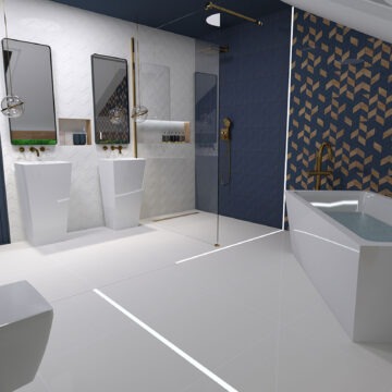 Wizualizacja nowoczesnej łazienki z białymi umywalkami na postumentach, prostokątną wanną, kabiną prysznicową ze złotymi detalami i granatową ścianą z geometrycznym wzorem. Oświetlenie LED w podłodze.