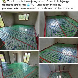 A&J Instal-Sanit - Montaż ogrzewania podłogowego w surowym stanie: zielone rurki ułożone na siatce, widoczne okna i ściany w stanie deweloperskim.