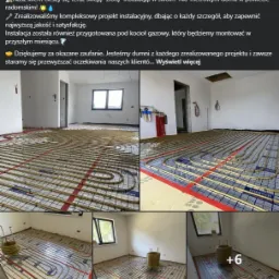 Rozłożone rury w systemie montażu na macie, przygotowane do zalania wylewką w jasnym pomieszczeniu z oknem, widok z góry na instalację.