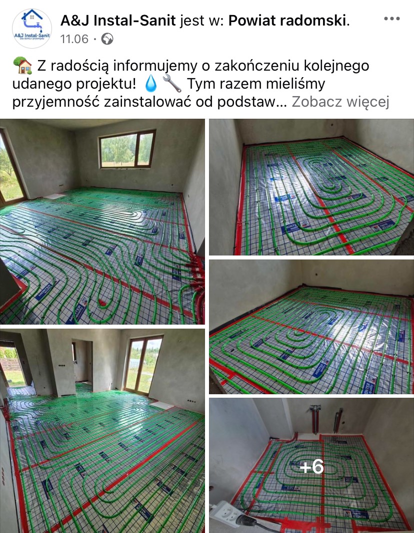 Montaż ogrzewania podłogowego w surowym stanie: zielone rurki ułożone na siatce, widoczne okna i ściany w stanie deweloperskim.