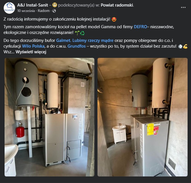 Zestaw kotła na pellet Gamma firmy DEFRO z buforem Galmet oraz pompami obiegowymi Wilo Polska i Grundfos w kotłowni wykończonej szarą płytką, widok z dwóch perspektyw.