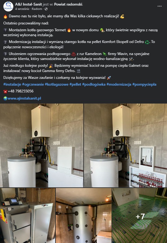 Instalacja kotła gazowego Termet w nowym domu z białym zbiornikiem buforowym i rozdzielaczem, widoczne również ułożone rury ogrzewania podłogowego w kolorze zielonym.