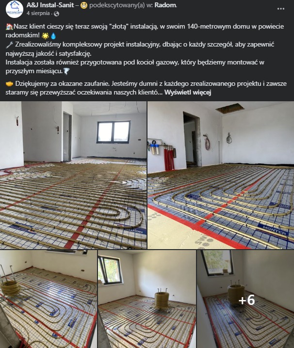 Rozłożone rury w systemie montażu na macie, przygotowane do zalania wylewką w jasnym pomieszczeniu z oknem, widok z góry na instalację.